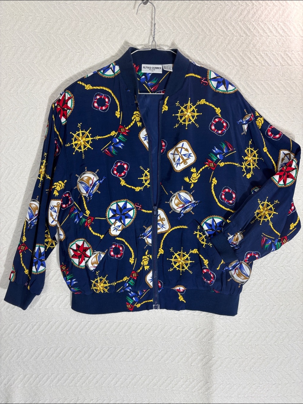 VTG Alfred Dunner Nautical Print Bomber Style Zip Jacket NWOT 80s 90s Navy 14P